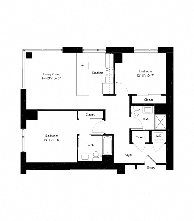 Floor plan for 2 beds, 2 baths, 1128 sqft